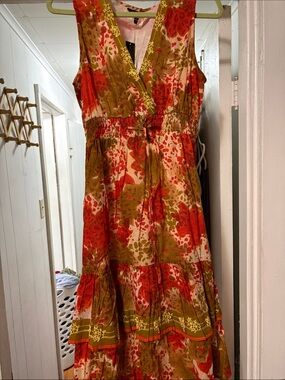 V-Neck Floral Maxi Dress in Olive & Coral